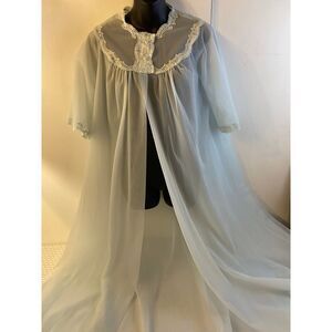 Shadowline sheer blue nylon robe lace pearl buttons small S